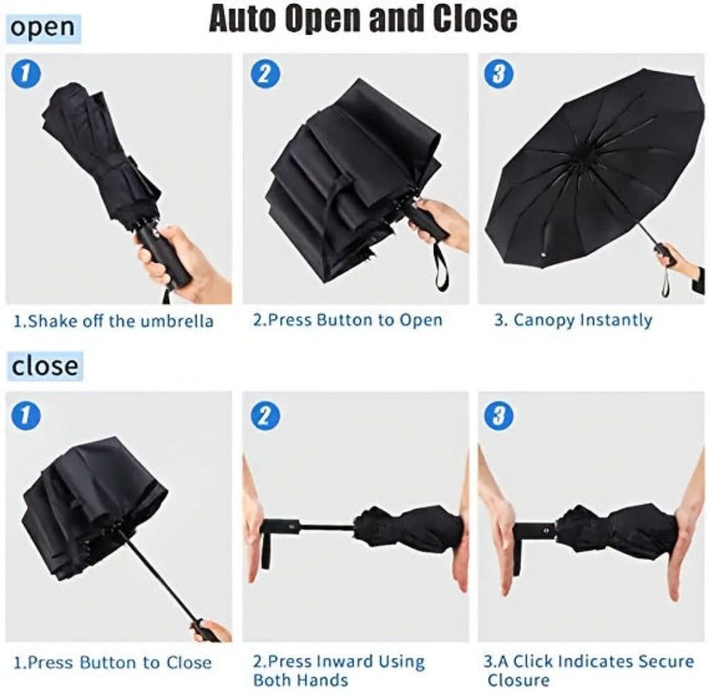Paraguas Automáticos Grandes para Hombres y Mujeres - 10 Soportes Súper Fuertes, Refuerzo Engrosado, Mango con Gancho, Apertura y Cierre Automático, Diseño Compacto Plegable, Ideal para Viajes, Transporte, Actividades al Aire Libre, Resistente y Duradero