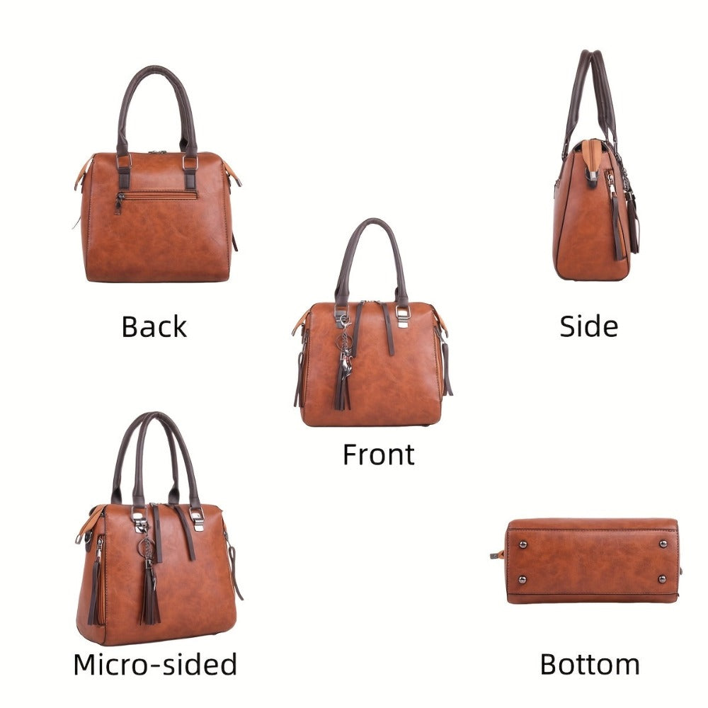 Conjunto de 4 piezas de bolsos para mujer, moderno y versátil, incluye bolso tote retro, bolso cruzado de hombro, bolso de mano, billetera, bolso tote grande de PU con cera de aceite, borlas, ideal para el día a día, viajes y como regalo