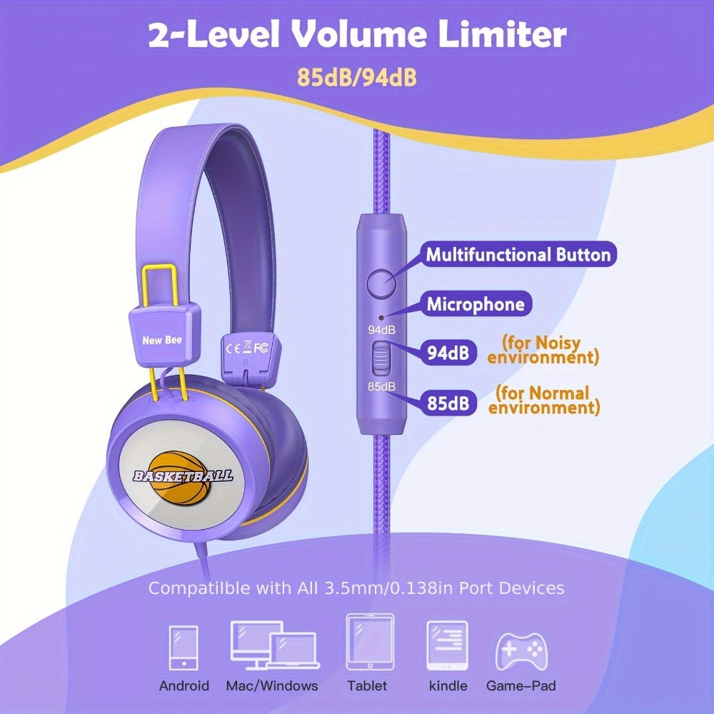 Auriculares con cable para niños New Bee KH20, tipo supraurales, limitador de volumen de 85 dB, compartir audio, plegables, ajustables, estéreo, para niños, aptos para escuela/tableta/PC