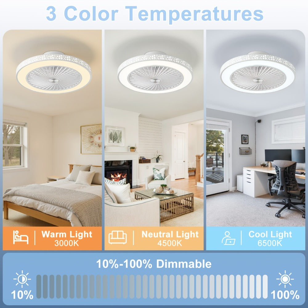 Ventilador de techo moderno de 48.26 cm con luz, 6 velocidades, reversible, de perfil bajo, ventilador de techo empotrado con luz LED regulable 3CCT, ventilador de techo con temporizador y control remoto para sala de estar, cocina, dormitorio y oficina