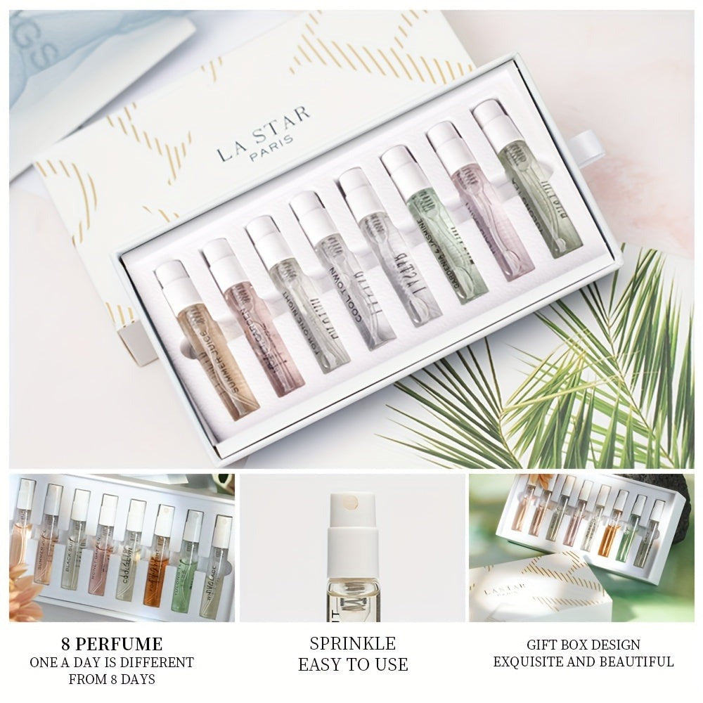 LASTAR Caja de Regalo de Perfume, 8 Bolsillos de Perfume, Fragancia Fresca para Mujer Perfume Duradero, Flores de Frutas Amaderadas con Combinación de Aromas Diferentes, Artículo Esencial para el Hogar, Citas y Viajes, Buen Regalo de Vacaciones para Mujer