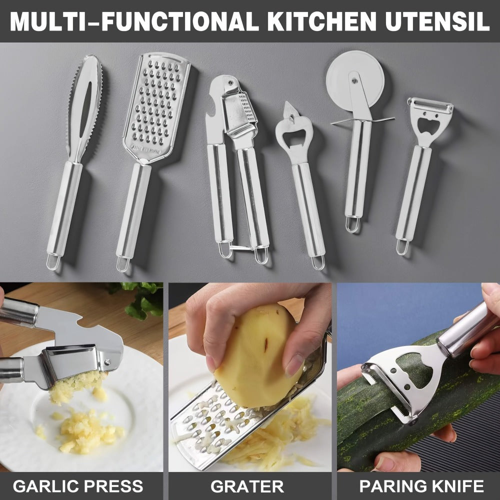 Colección de 20 piezas de cuchillos profesionales con soporte. Cuchillo de chef, cuchillo de carnicero, cuchillo para pan, cuchillo para rebanar, cuchillo deshuesador y utensilios de cocina completos. Construcción de espiga completa con mangos antidesliza