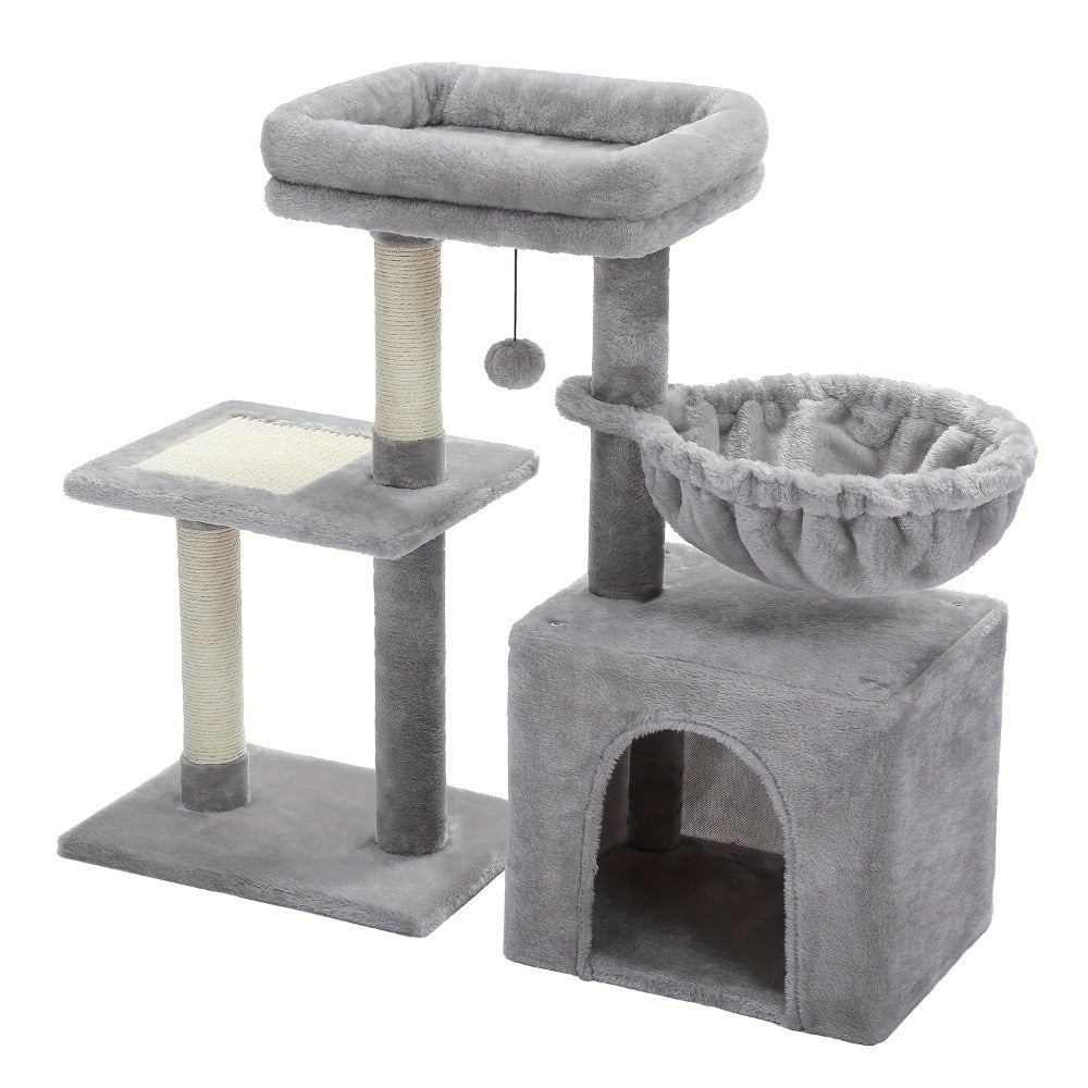 Árbol para Gatos Pequeños de Pawz Road para Interiores - Centro de Actividades Convertible 2-en-1 con Postes Rascadores, Hamaca de Peluche y Percha Superior Desmontable, Diseño Robusto Ahorrador de Espacio para Gatitos, Gris y Beige, Árbol Lindo para Gato