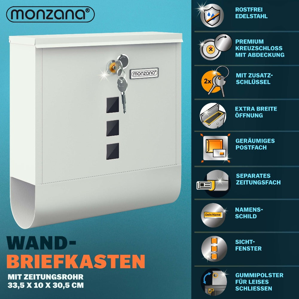 Buzón MONZANA® con Cerradura Cruzada, Cilindro de Cobre, Tapa Giratoria, 31x10x34 cm, Ventana de Visualización, Placa de Identificación, Compartimento para Periódicos, Fácil Instalación, Acero Aleado, 2 Llaves, Caja de Correo