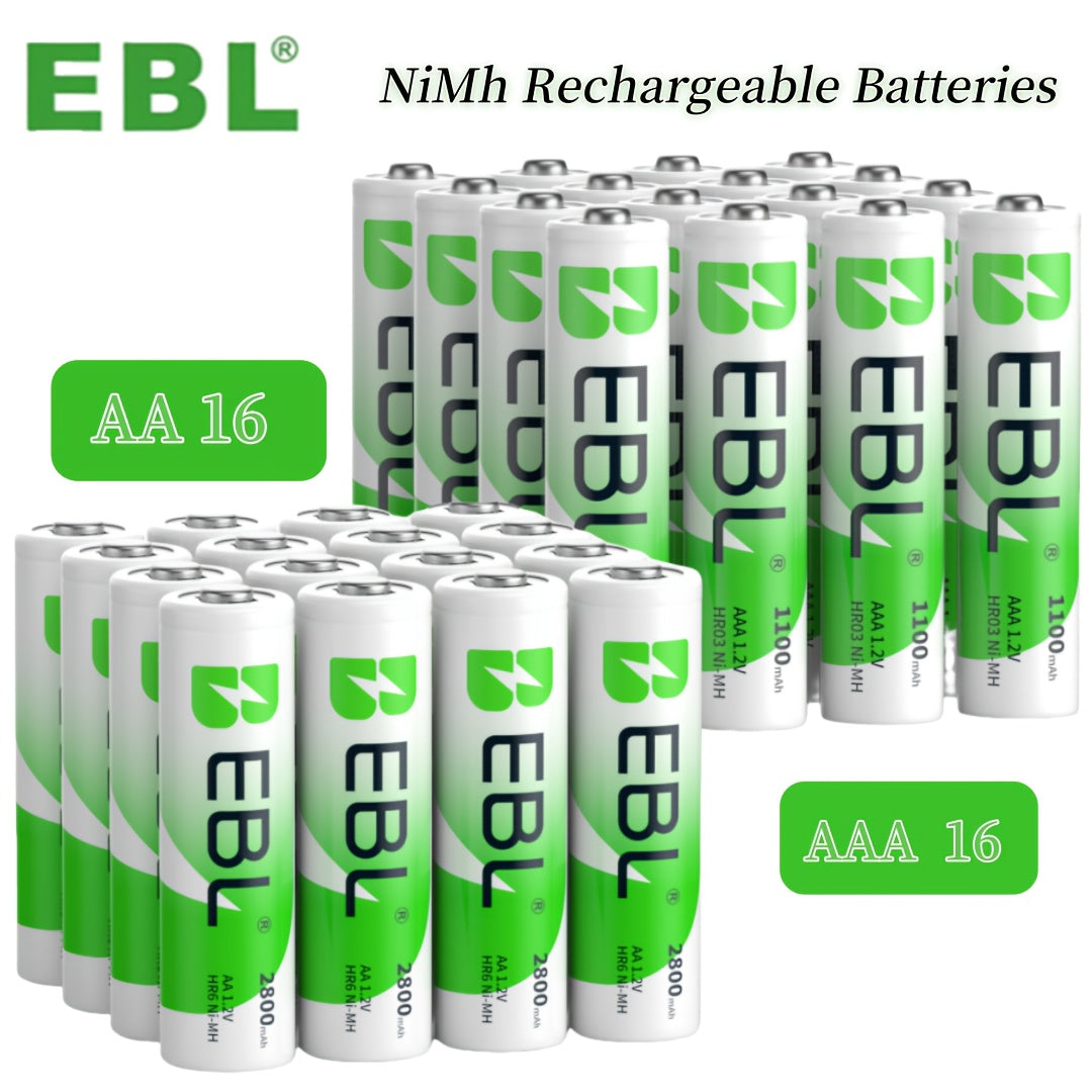 EBL ofrece un juego de 32 pilas Nimh recargables, que incluye 16 pilas AA con una capacidad de 2800 mAh y 16 pilas AAA con una capacidad de 1100 mAh