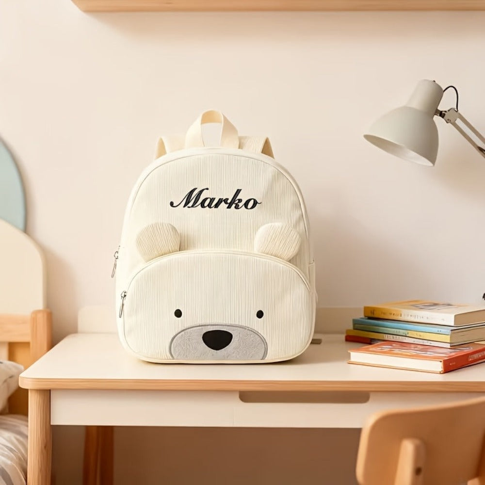Mochila de Pana con Bordado de Oso Personalizado - Bolso de Hombro Ajustable para Mujeres, Ligero y Transpirable, con Opción de Nombre Personalizado, Forro de Nylon Duradero, Ideal para Regalos de Vuelta al Colegio y Viajes