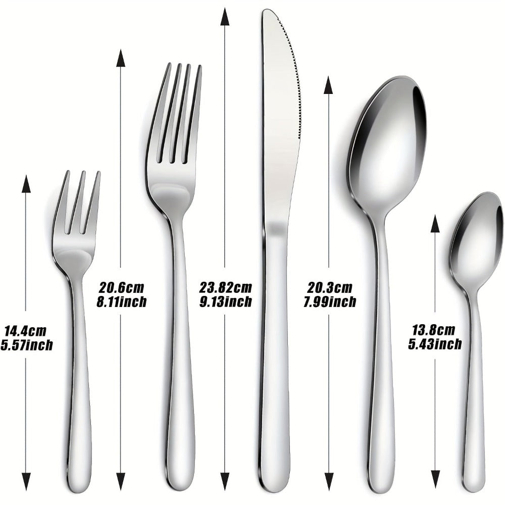 Juego de 30 piezas de cubertería de acero inoxidable plateado para 6 personas. Vajilla de alta calidad con cuchillos, tenedores y cucharas. Juego de cubertería para hotel, fiesta, boda, hogar, cocina, restaurante, exterior. Muy pulido, mango ergonómico. L