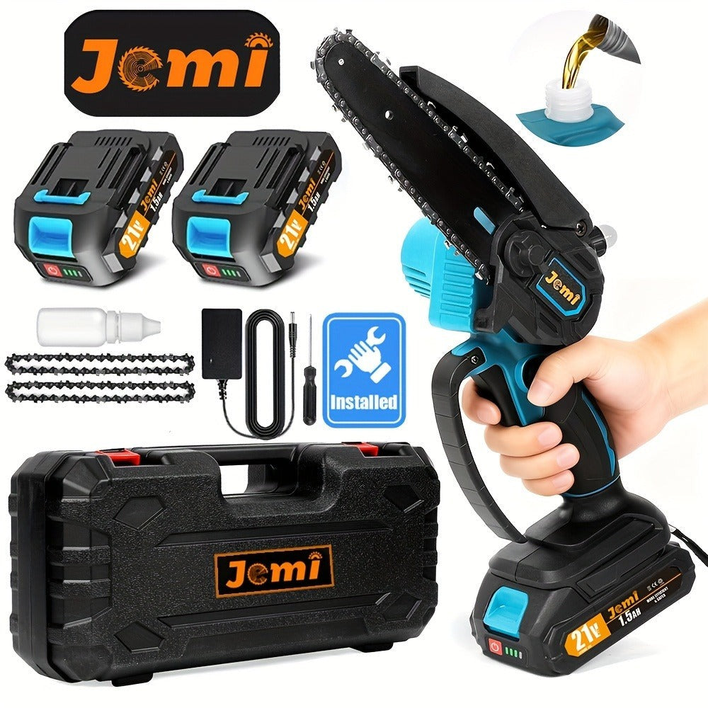 Jemi Tool Mini Motosierra 15.24cm con Batería 1/2 X 21V, Potente Motosierra Eléctrica Pequeña Portátil de Mano con Lubricador Automático, Ligera, 1.0 KG, de Mano, Fácil para Podar, Cortar, Recortar