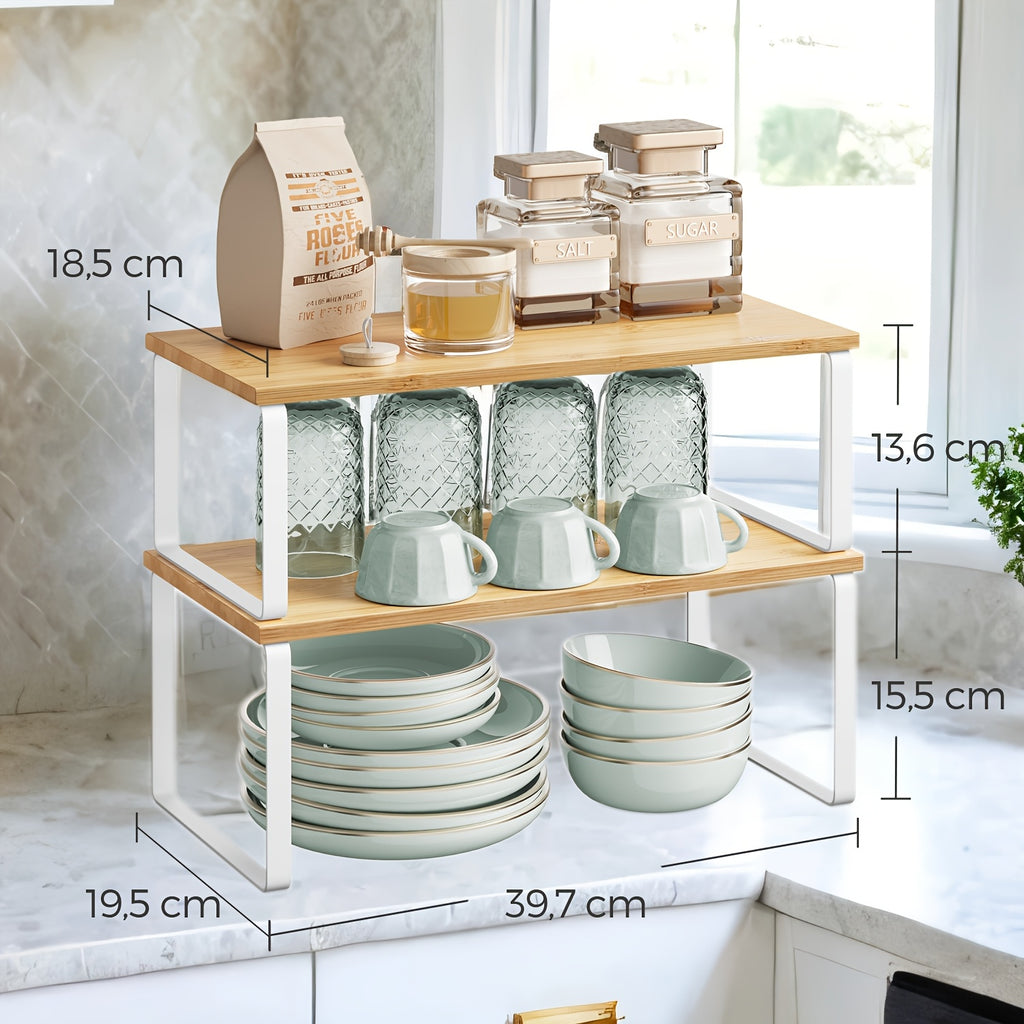 Par de organizadores de especias, estantes de encimera para la cocina, apilables y ajustables, fabricados con metal y madera de ingeniería, con un extremo en forma de nube y beige natural