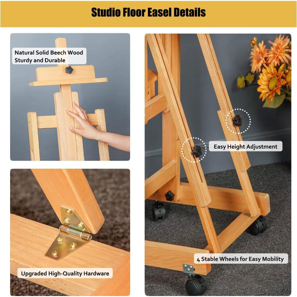 Caballete de gran tamaño de alta resistencia con estructura en H para adultos - Soporte de artista plegable con ruedas y altura ajustable con base de madera, sostiene 1 o 2 lienzos de hasta 240 cm, caballete de pintura portátil para estudio, exhibición al