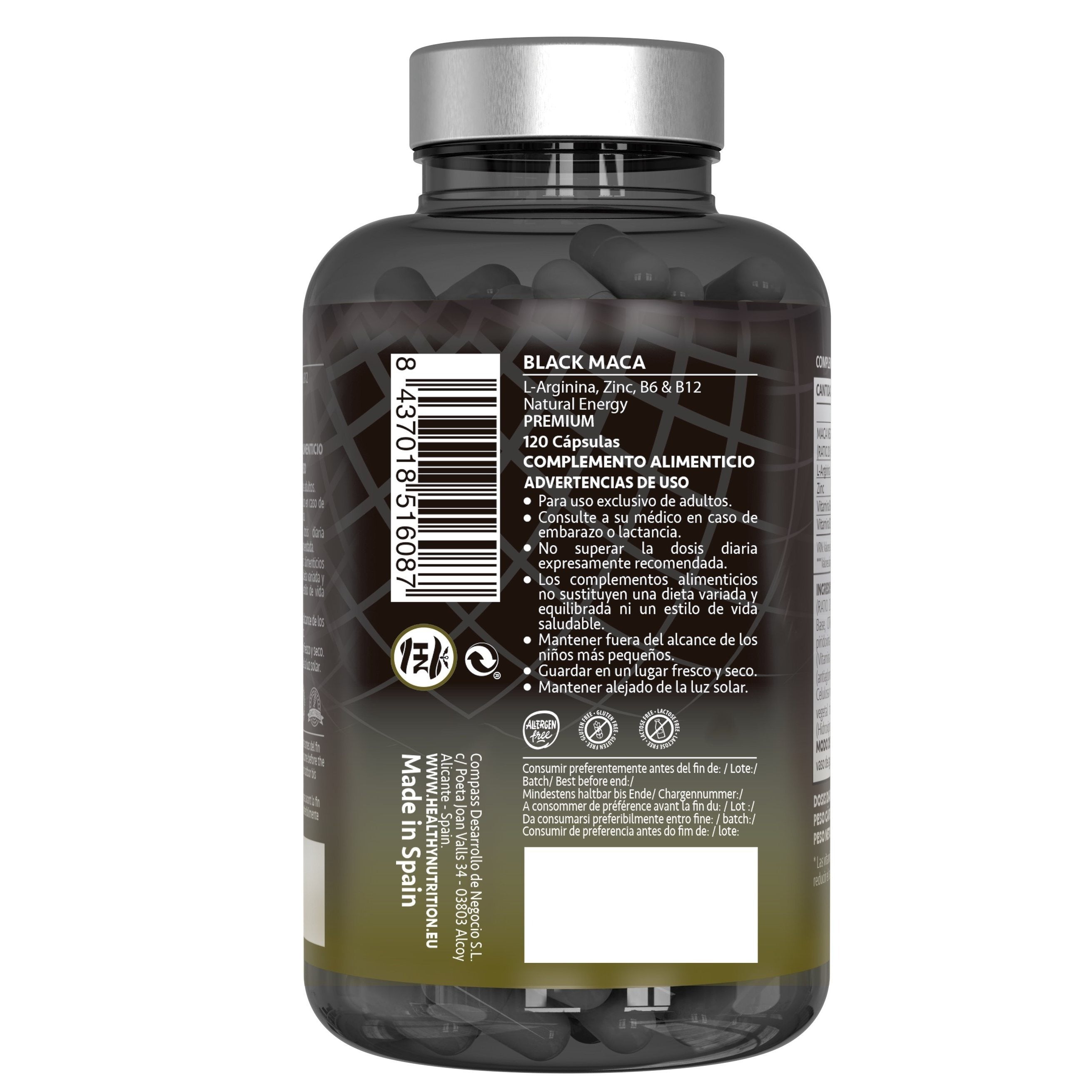 HN - Healthy Nutrition Maca Negra Andina con L-Arginina y Zinc – Suplemento con Vitaminas B6 y B12 – 120 Cápsulas Vegetales