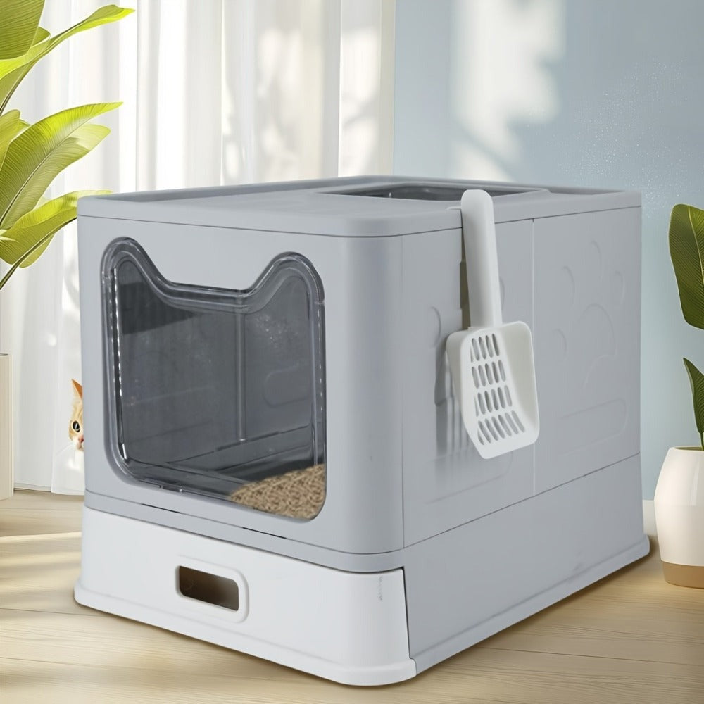 Arenero para gatos de acero inoxidable con entrada frontal y salida superior, diseñado para facilitar la limpieza, ideal para gatos y otras mascotas