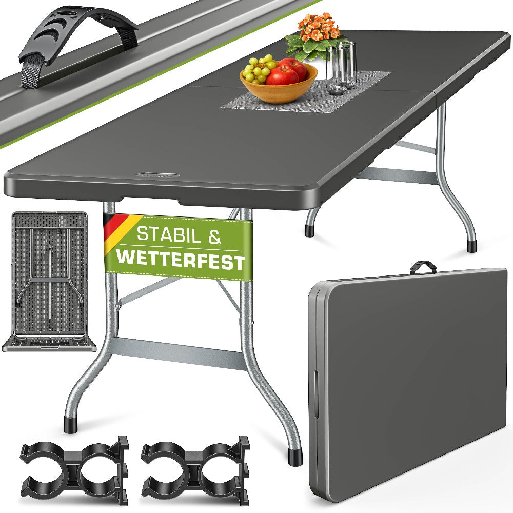 Mesa de Jardín Plegable Tillvex® 220x70 cm, Plástico | Mesa Buffet para 10 Personas con Asa de Transporte | Mesa de Camping Impermeable para Uso Exterior en Jardín, Terraza y Balcón