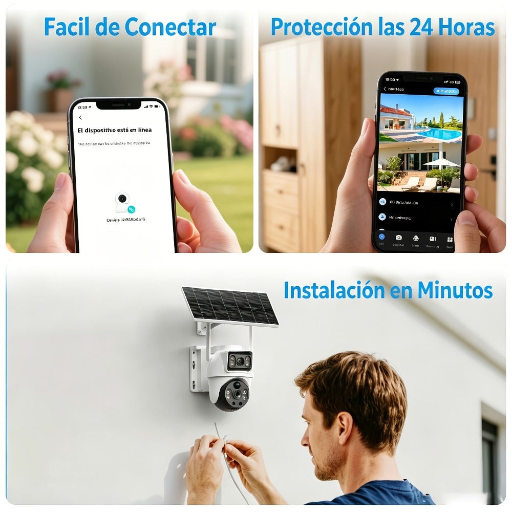 Cámara de seguridad XIAOVV de doble lente y doble pantalla, cámara de seguridad inteligente con energía solar, monitoreo PTZ giratorio de 360°, equipada con panel solar y batería, detección de movimiento, visión nocturna en color, adecuada para hogar/nego