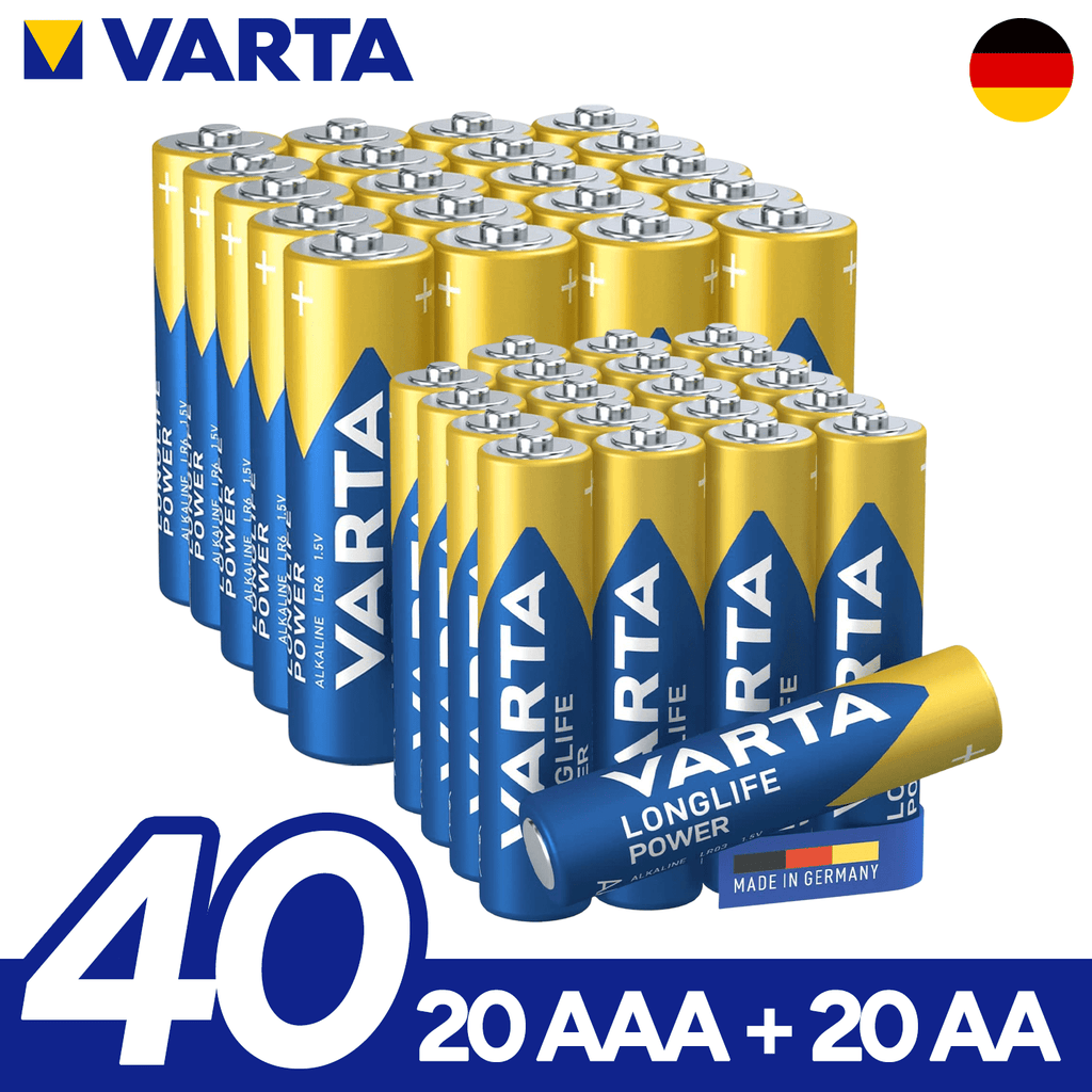 Pilas | VARTA Pilas AA y AAA Alcalinas de Alto Rendimiento, 20 Pilas AA + 20 Pilas AAA, VARTA Longlife Power, Ultra Larga Duración, Energía