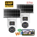 2 Piezas Cámara Binocular Solar WiFi Exterior 6MP, Detección de Humanos, Seguimiento de Movimiento, Intercomunicador Bidireccional, Visión Nocturna a Color, Alertas por Notificación