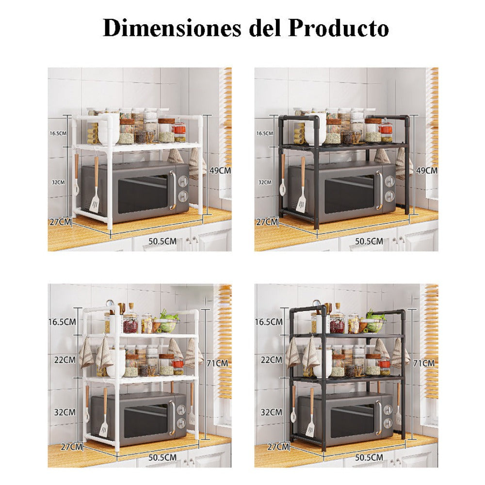 2/3 Niveles Soporte para microondas para encimera, Rejilla Para Horno Microondas Metal, Soporte Para Microondas Y Horno Cocina Con 4/8 Ganchos, Tiendas de condimentos, Adecuado para cocinas (Blanco / Negro)