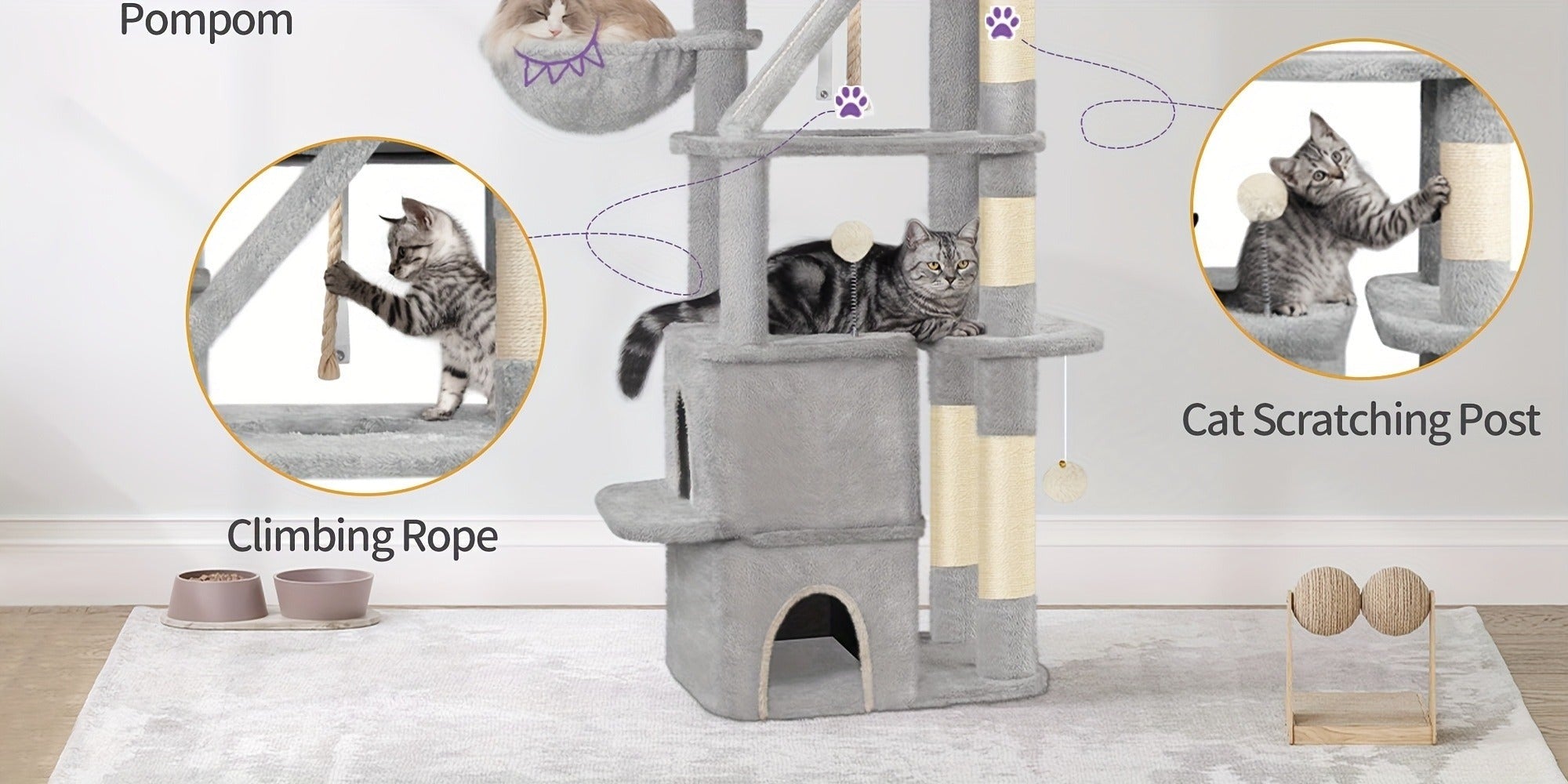 Rascador para Gatos Grande de 185 cm con 6 Postes para Rascar, 3 Cuevas, 2 Plataformas de Observación, 2 Cestas, 4 Pelotas de Peluche, Rascador Multinivel para Gatos
