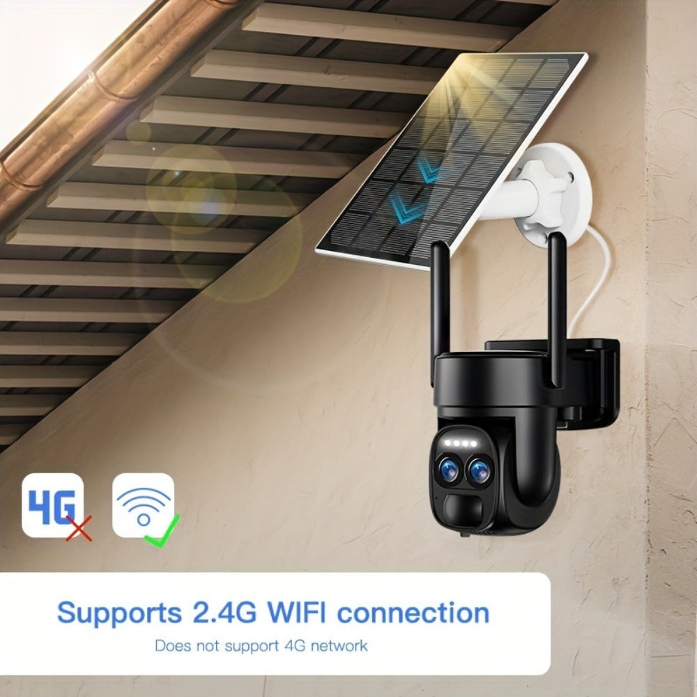 [10X Zoom] Cámara CCTV de bajo consumo con panel solar, batería, 360 grados, 2K FHD, Wifi, con alarme de foco, detección de movimiento, visión nocturna a color y audio bidireccional