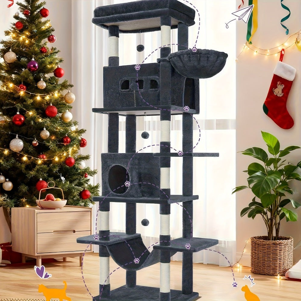 Árbol para gatos extra alto de 210 cm con 8 postes rascadores y 2 cuevas - Muebles para gatos de múltiples niveles de alta resistencia, tapete lavable, hamaca y pelotas de felpa - Torre para gatos grande con base resistente