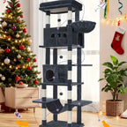Árbol para gatos extra alto de 210 cm con 8 postes rascadores y 2 cuevas - Muebles para gatos de múltiples niveles de alta resistencia, tapete lavable, hamaca y pelotas de felpa - Torre para gatos grande con base resistente