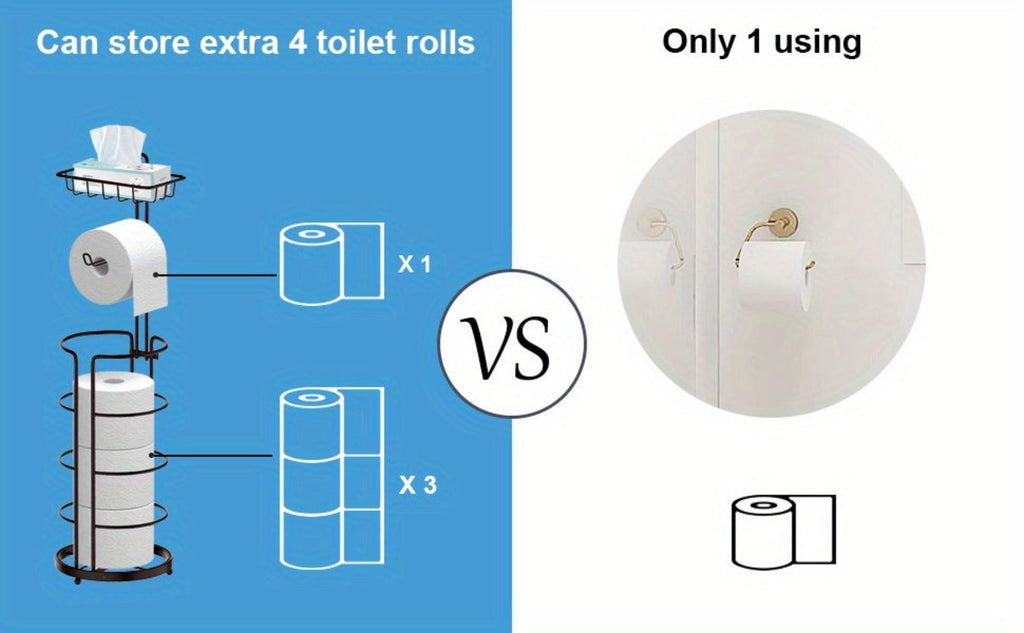 Soporte de Papel Higiénico de Pie Huahong - No Requiere Perforación, Moderno Soporte de Rollo de Papel de Metal - Soporte de Papel Higiénico con Estante - para Rollos Mega/ Teléfono, Negro