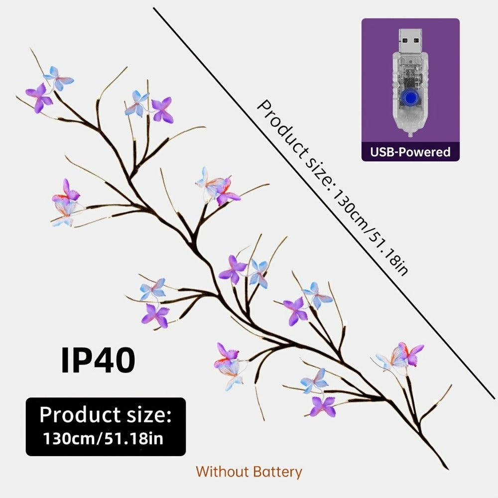 Luz LED de rama con mariposas 1.3 m | Para dormitorio, patio y decoración
