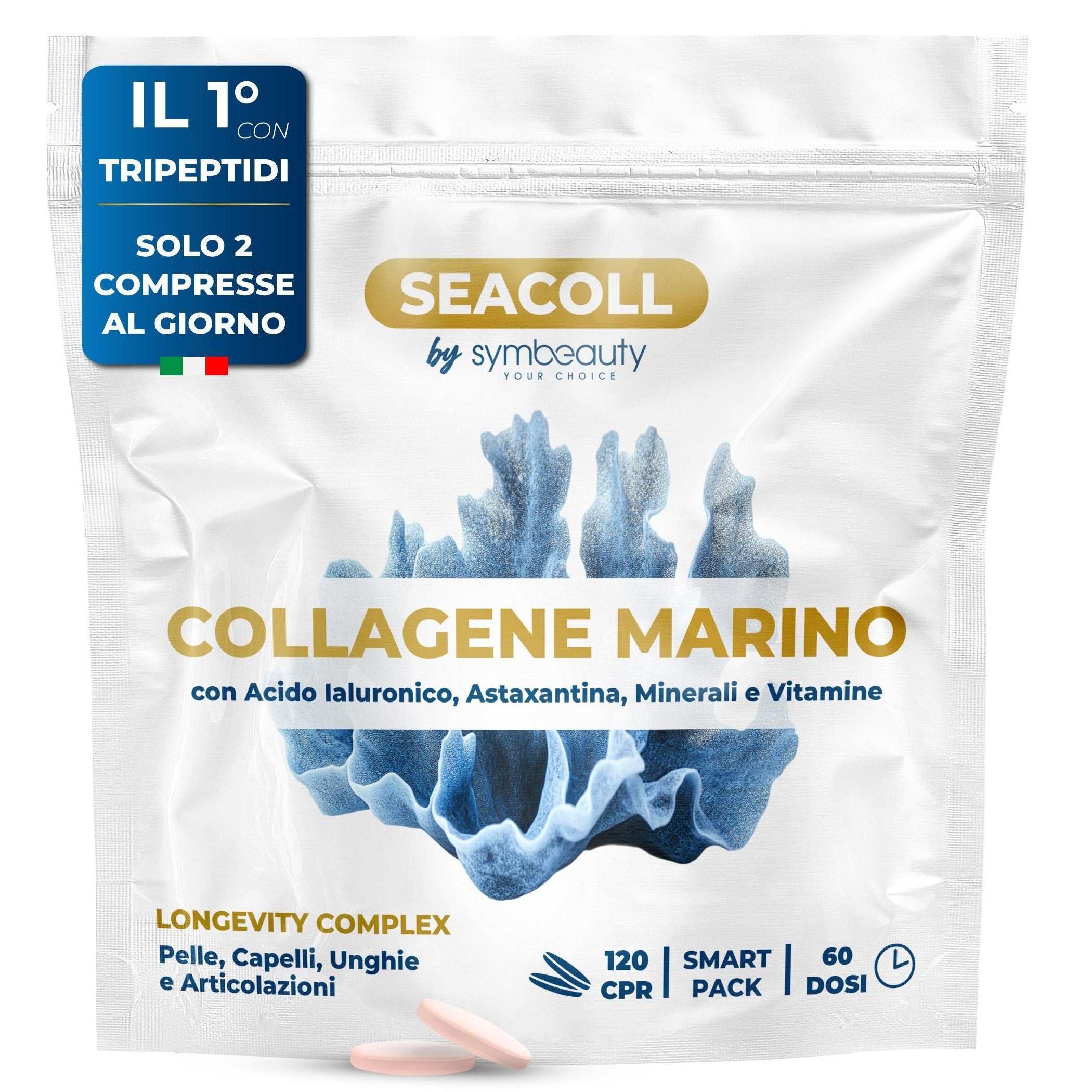 Colágeno Marino con Ácido Hialurónico [120 Cápsulas x 60 Días] Astaxantina Zinc Biotina Vitamina C | Tripeptidos de Colágeno Marino Hidrolizado para Cabello, Piel, Uñas - Complejo de Longevidad SEACOLL