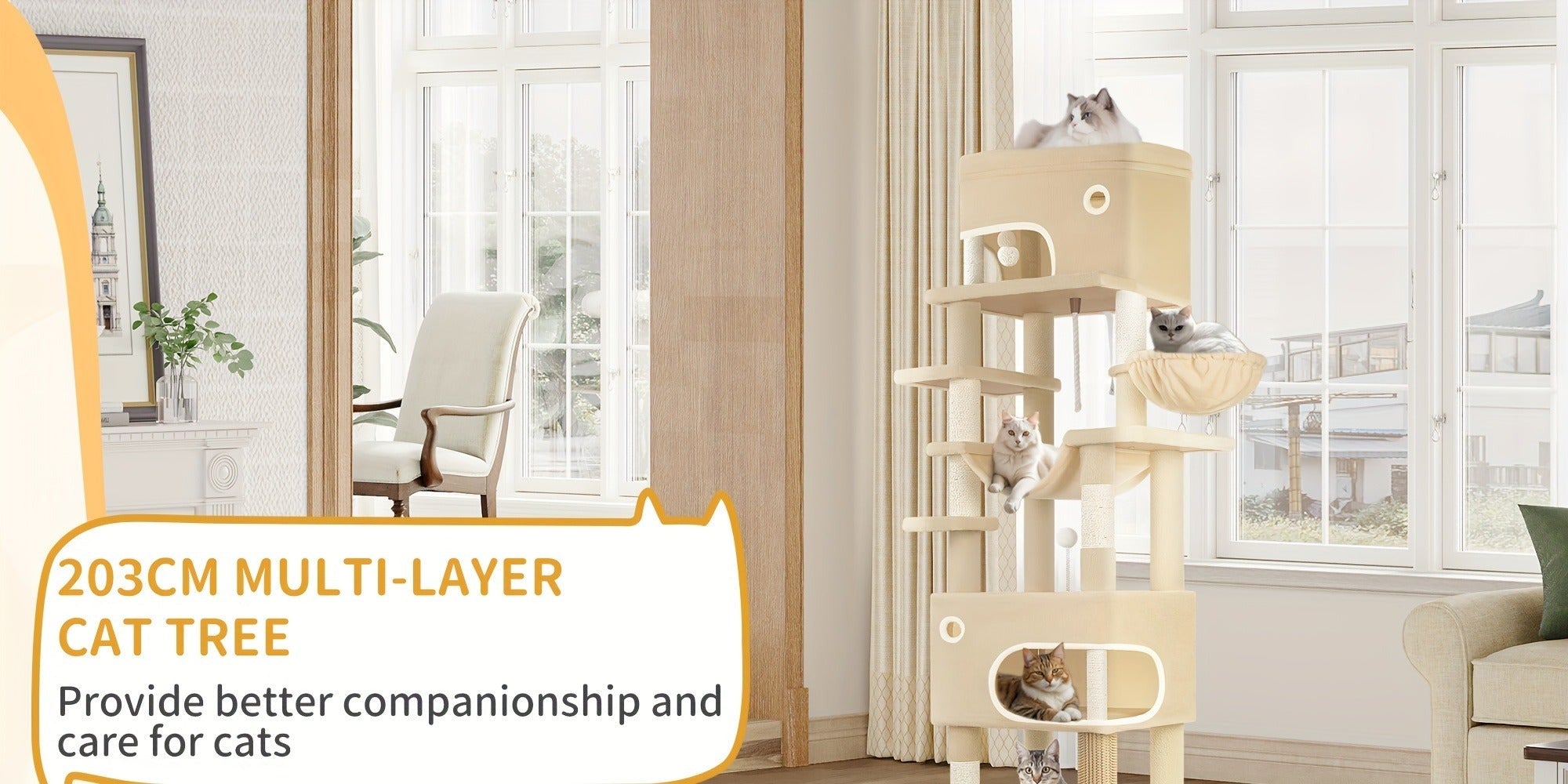 Árbol para Gatos, 203 cm con Plataforma Grande, Cueva Doble, 7 Postes Rascadores Pomponas Reposadería Hamaca Adecuado Para Todo TipodeGato Gris Claro/grisescuro Beige