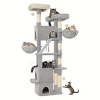 Rascador para Gatos Grande de 185 cm con 6 Postes para Rascar, 3 Cuevas, 2 Plataformas de Observación, 2 Cestas, 4 Pelotas de Peluche, Rascador Multinivel para Gatos