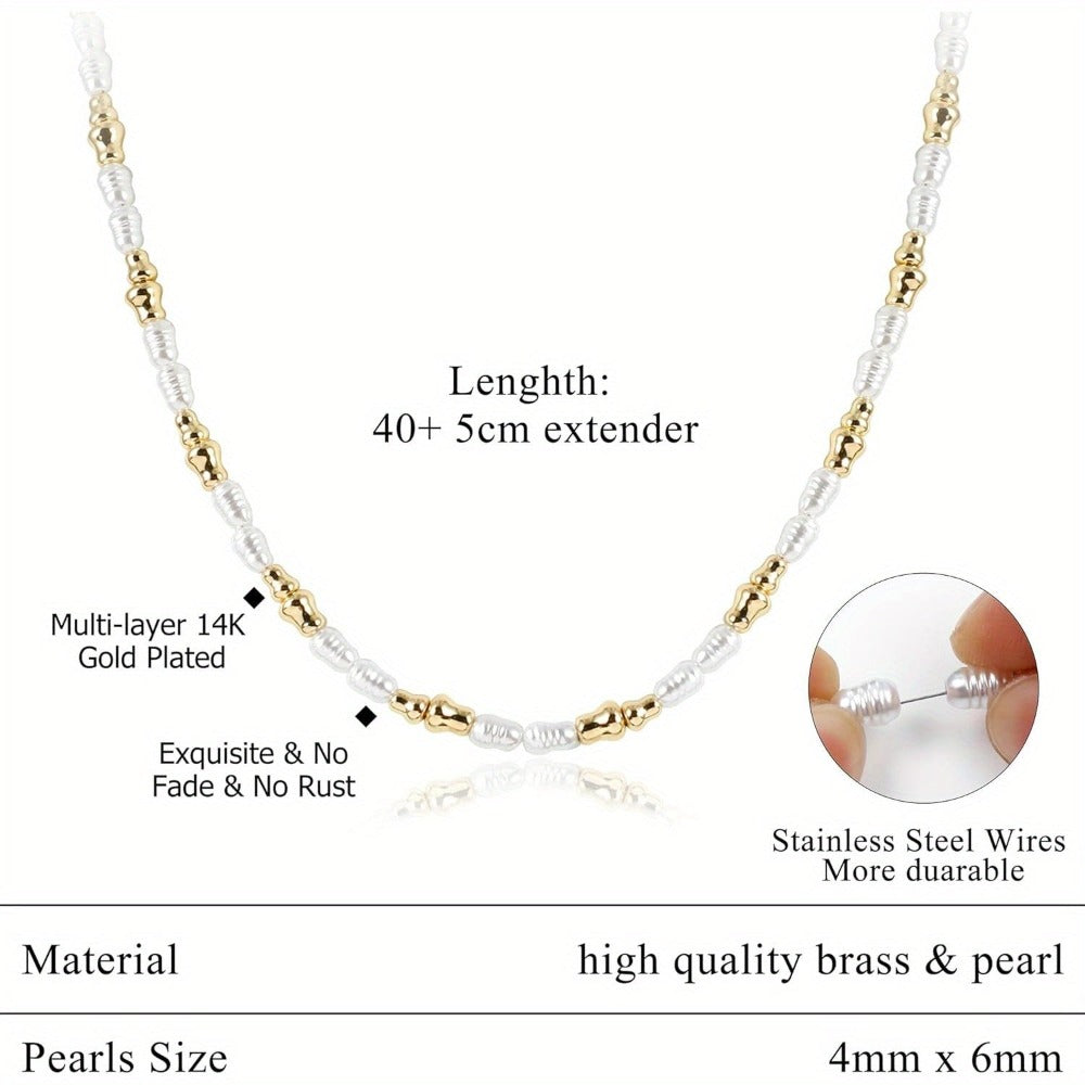 Collar de Perlas Imitación para Mujer, Collar Dorado y Plateado con Choker Irregular de 4x6mm en Forma Inusual Ideal para Bodas, Graduaciones o Bailes; Joyería Regalo, 40+5cm