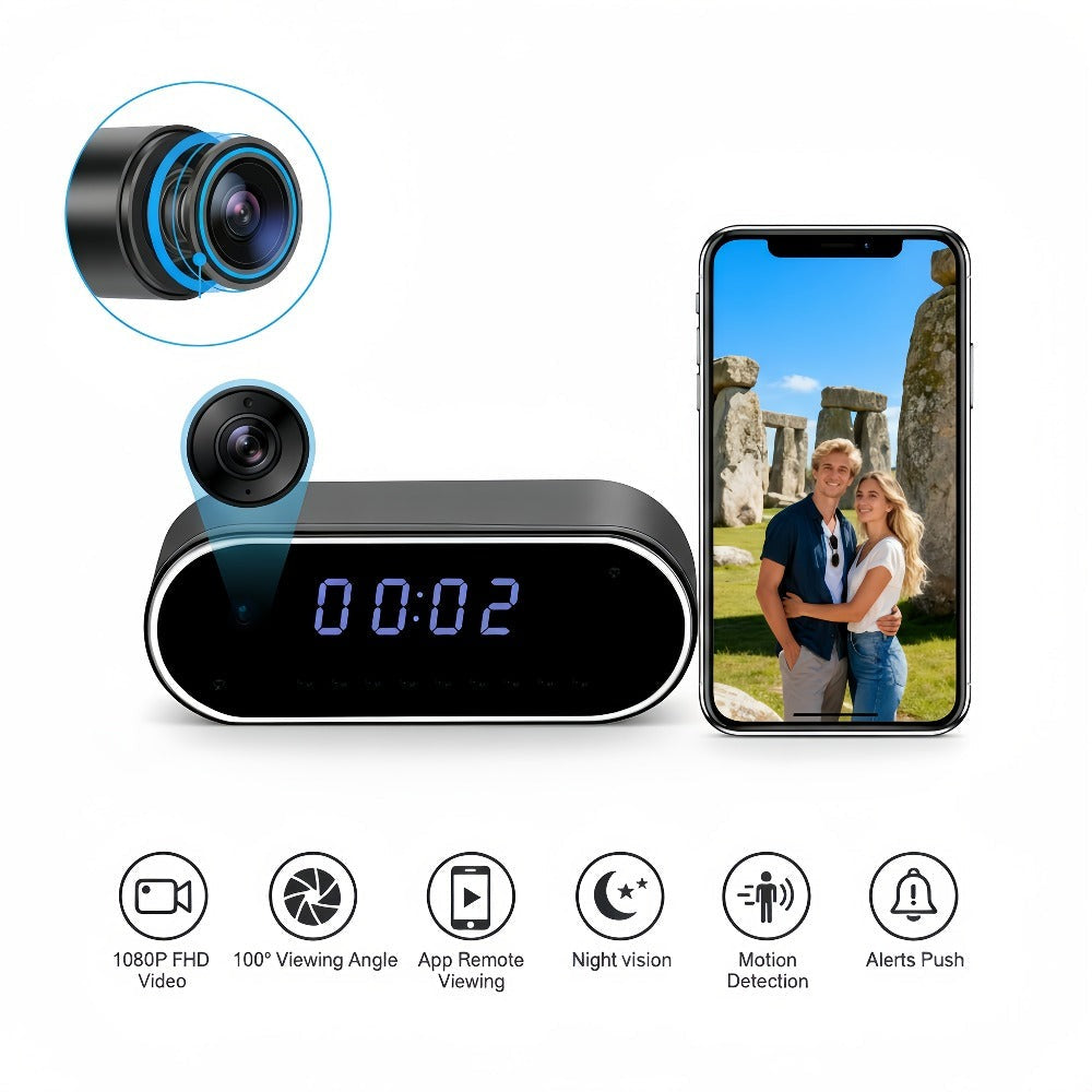 Reloj Wifi de moda con cámara 1080P, visión nocturna, reconocimiento inteligente AI, detección de movimiento, punto de acceso AP de red local, notificación de alarma con video de 6 segundos y correo electrónico, visualización remota en teléfono móvil, bat