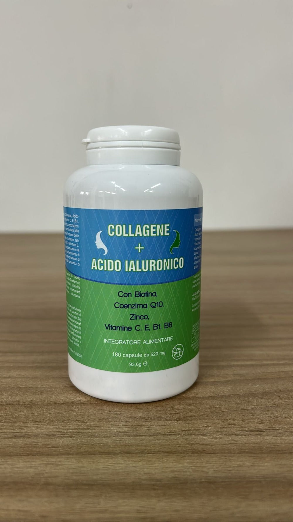Suplemento de colágeno y ácido hialurónico, 180 cápsulas, con biotina, coenzima Q10, zinc, vitamina C, vitamina E, vitamina B1 y B6 - Hecho en Italia