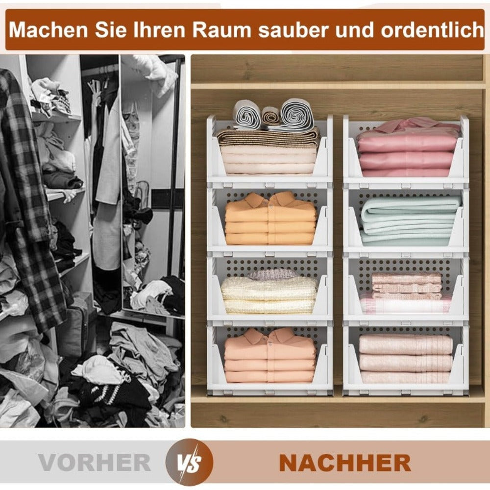 4 piezas Organizador de Armario | Cajón Apilable, Sistema Extensible y Plegable, Caja de Almacenamiento de Ropa de Plástico para Dormitorio, Cocina, Blanco - Furnestorica