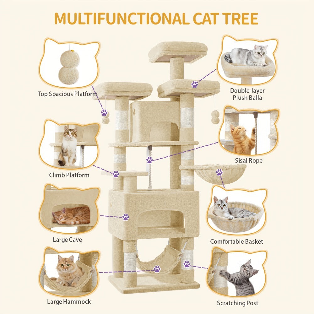 Árbol para Gatos, 176cm, Tamaño XL con 3 Plataformas, 2 Cuevas, 7 Postes Rascadores, Hamaca y Pelota de Felpa – Ideal para Familias de Gatos en Gris Claro/Gris Oscuro Beige, Torre de Escalada para Mascotas, Enriquecimiento Felino, Árbol Ahorra Espacio, Mu