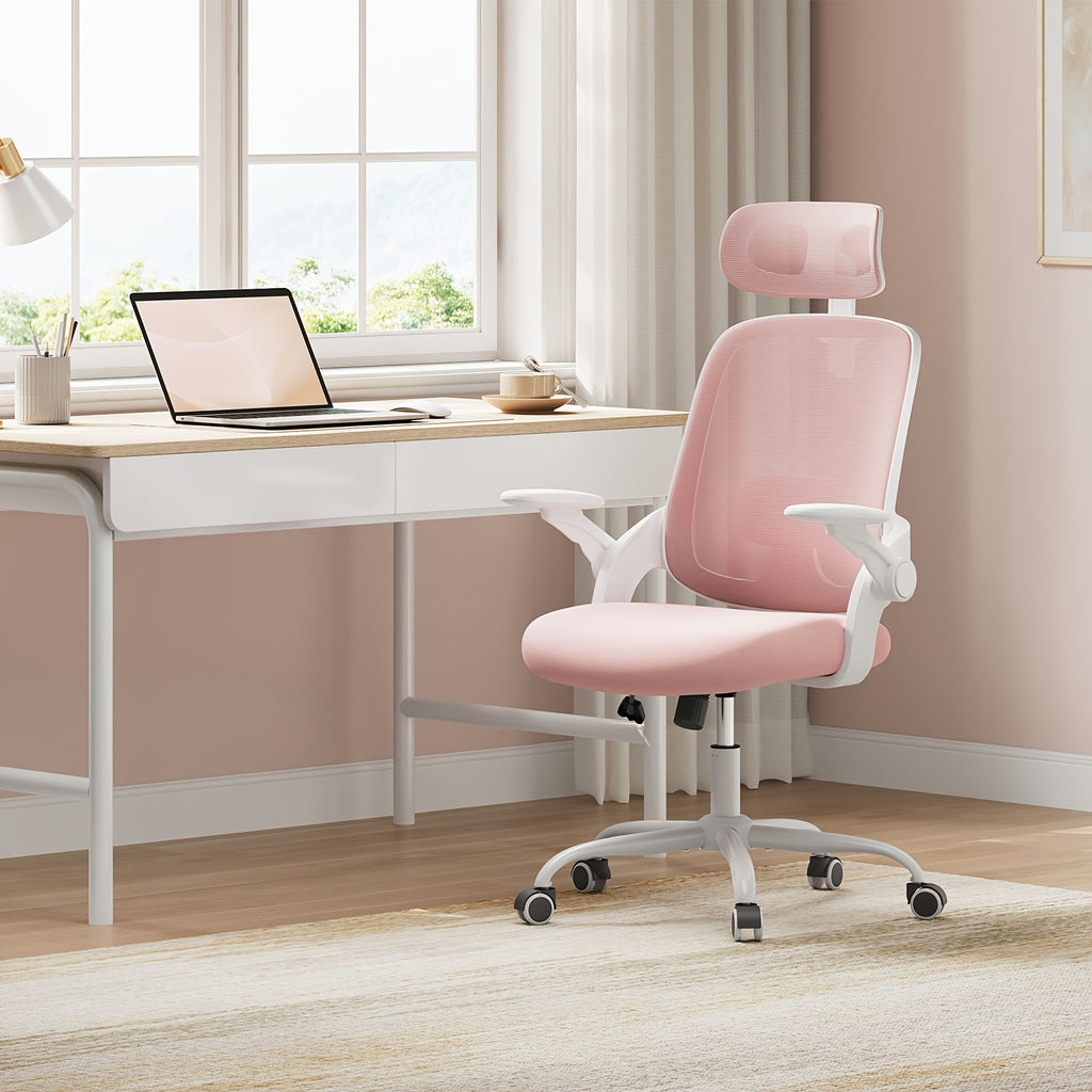 Silla de oficina ergonómica, silla de escritorio con reposacabezas ajustable, soporte lumbar, función de balanceo, reposabrazos plegables, silla para oficina en casa, silla de trabajo