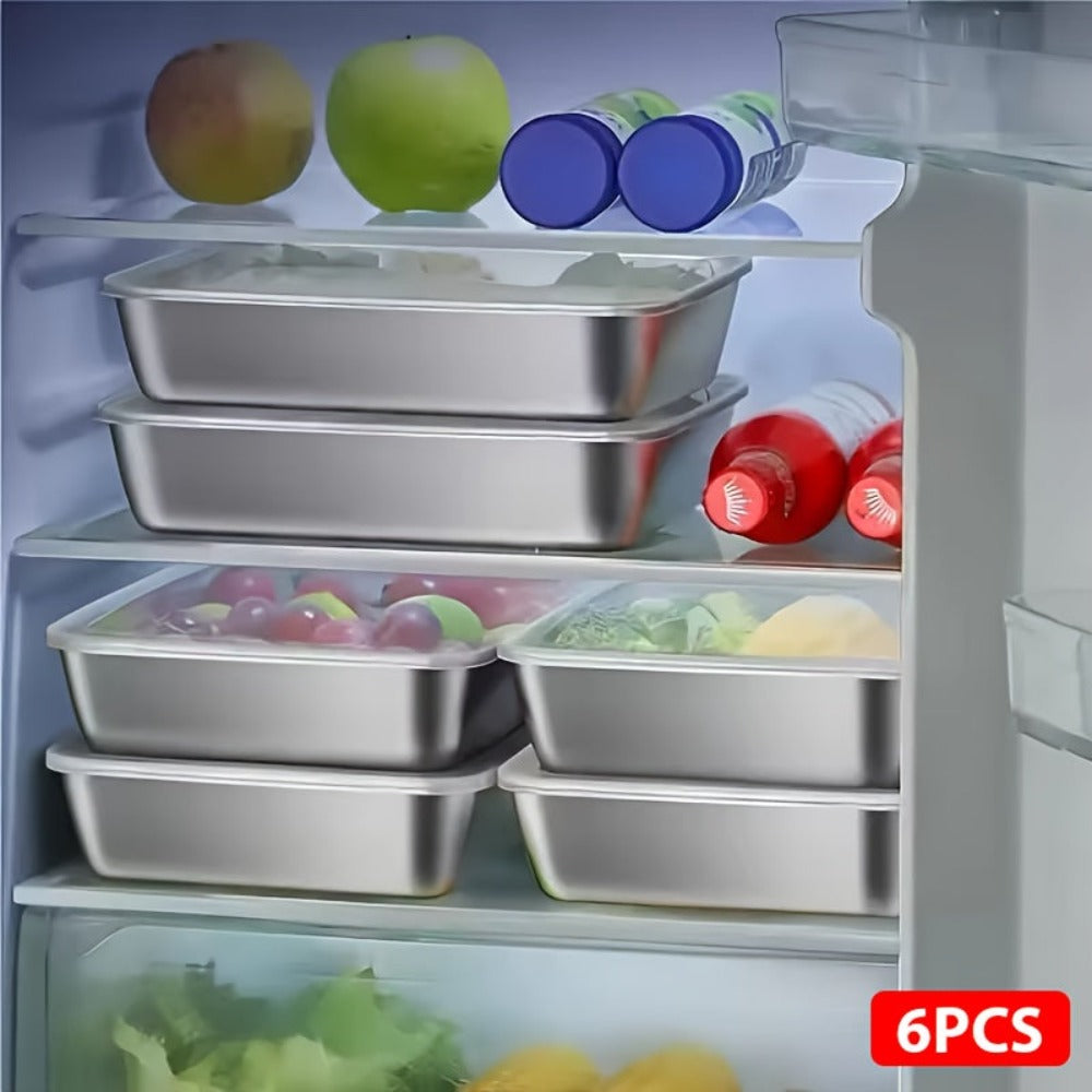 Juego de 6 recipientes de acero inoxidable para alimentos, apilables con tapas, aptos para microondas, con tapa abatible, cuadrados, adecuados para ensaladas, frutas, almacenamiento de alimentos, organizador de cocina, conservación de la frescura en el re