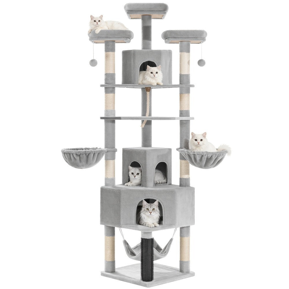 Árbol para gatos de 220 cm de varias capas con 3 casitas para gatos, 3 plataformas, 3 hamacas, 8 postes de sisal, 1 bola de pelo y 1 cuerda de sisal