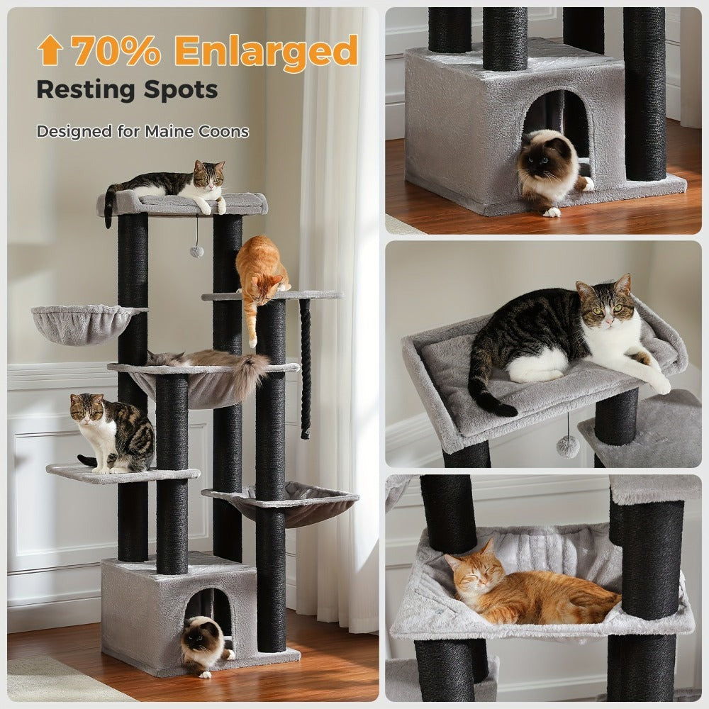 Árbol para Gatos Grande - Torre para Gatos de 170 cm de Altura para Gatos Adultos de Interior con 13 Postes de Rascado Negros Gruesos (10.9 cm), Condominio para Gatos de Múltiples Niveles, Plataforma Súper Grande y Hamacas para Maine Coon de 9 kg
