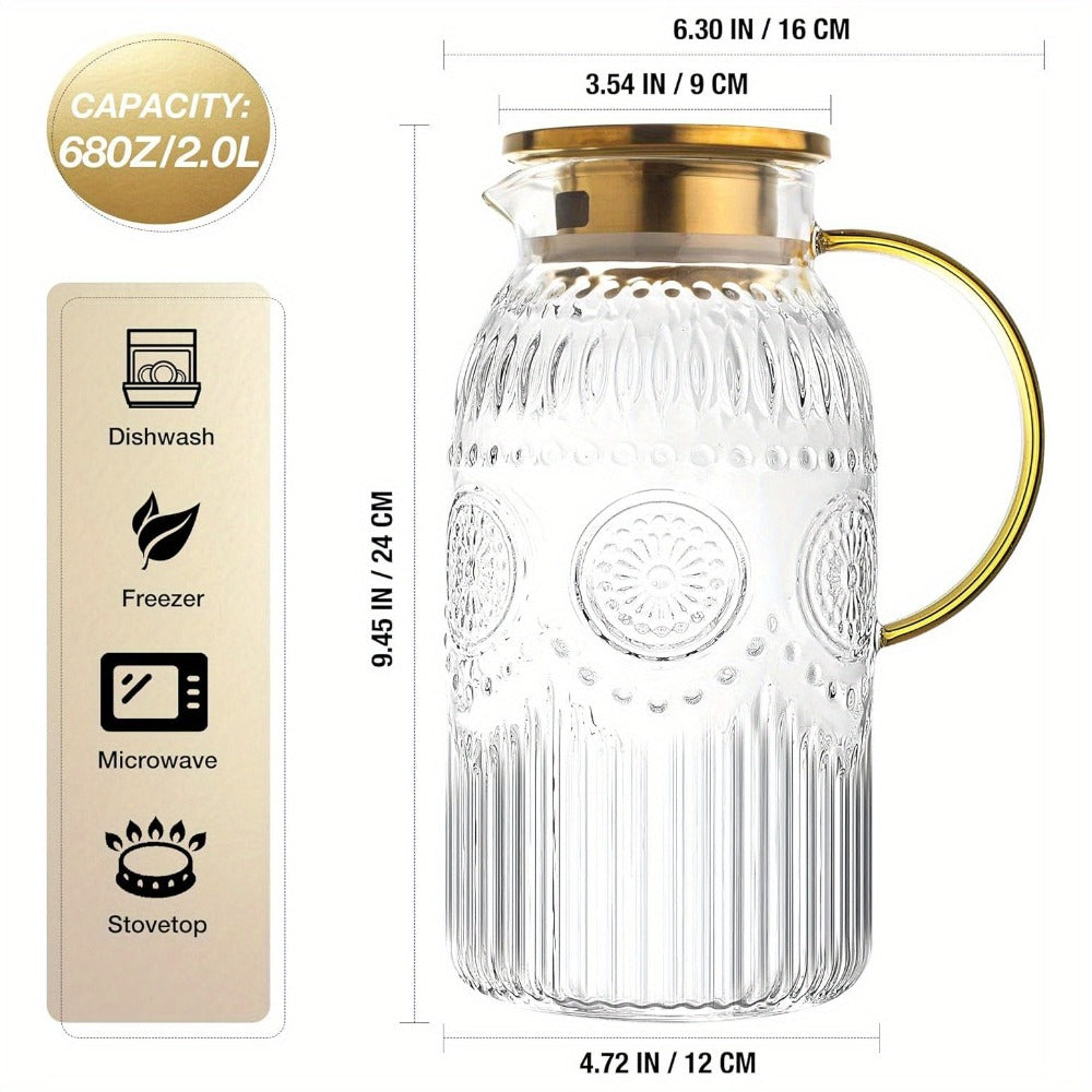 Bandesun 1/2 piezas Jarra de Vidrio con Tapa, 68Oz/2 Litros Jarra de Agua Vintage, Jarra de Agua de Vidrio para Infusión Fría, Café, Limonada, Té Helado, Bebida, Jarra de Vidrio Resistente al Calor, Jarra para Servir Bebidas, Dispensador de Bebidas, Diseñ