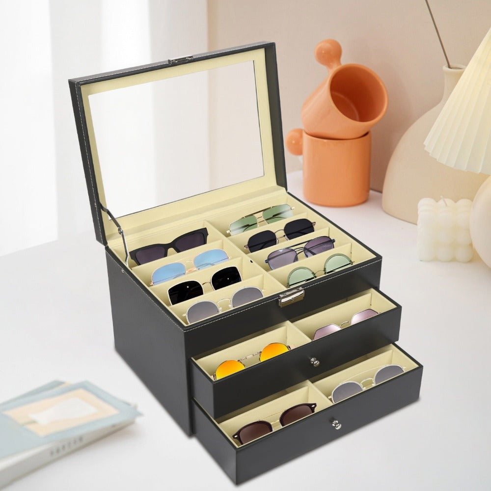 Organizador de gafas de sol, organizador de almacenamiento de gafas de sol, estuche con tapa de cristal para gafas, organizador con cerradura, caja expositora de gafas para mujer y hombre (negro)