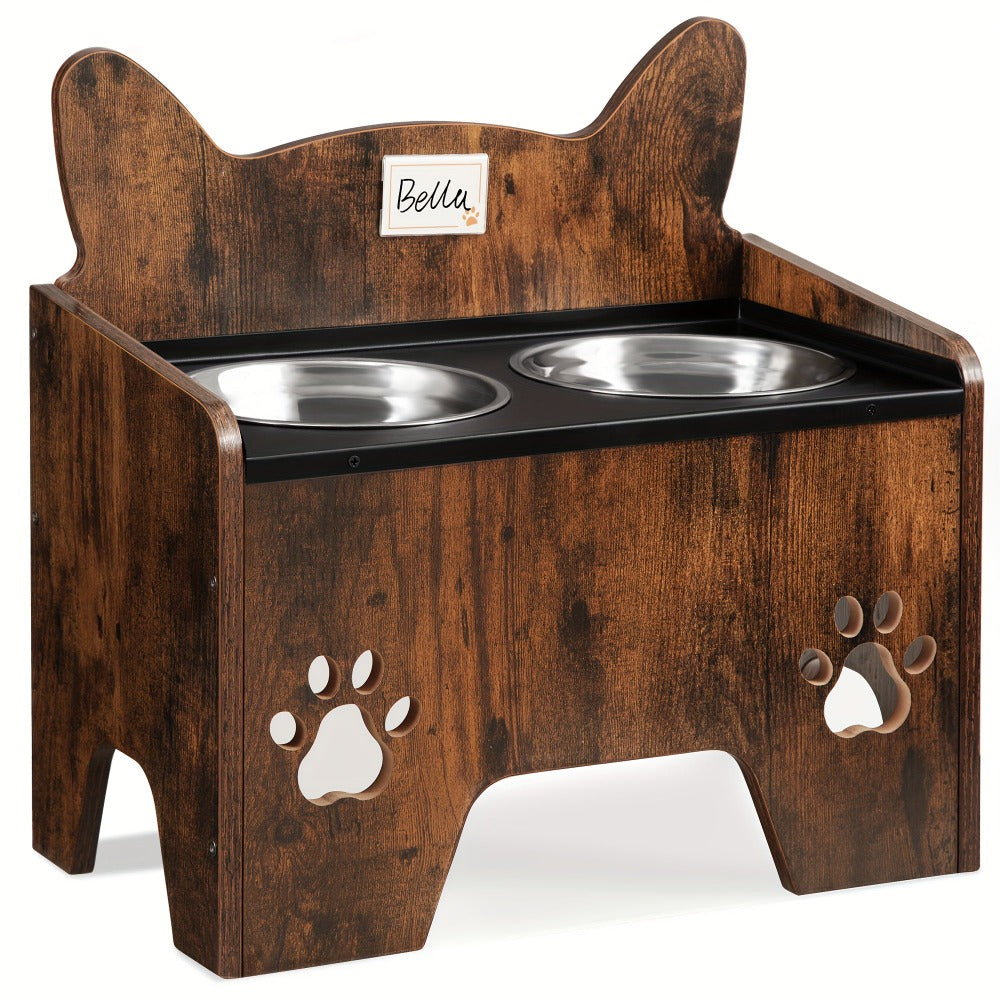 Comedero Elevado para Mascotas con Dos Tazas de Acero Inoxidable, Diseñado para Evitar Derrames, Apto para Perros de Todo Tamaño, con un Diseño Vintage Marrón y Negro