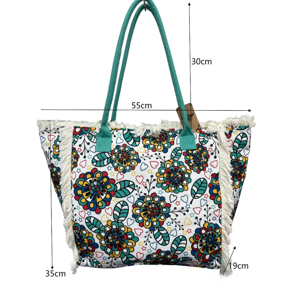 MEJORADA Bolso de Playa Grande con Estampado Colorido y Flecos, Estilo Tote con Forro Interior, Tamaño 55x35x20 cm - Ideal para Playa, Piscina y Viajes