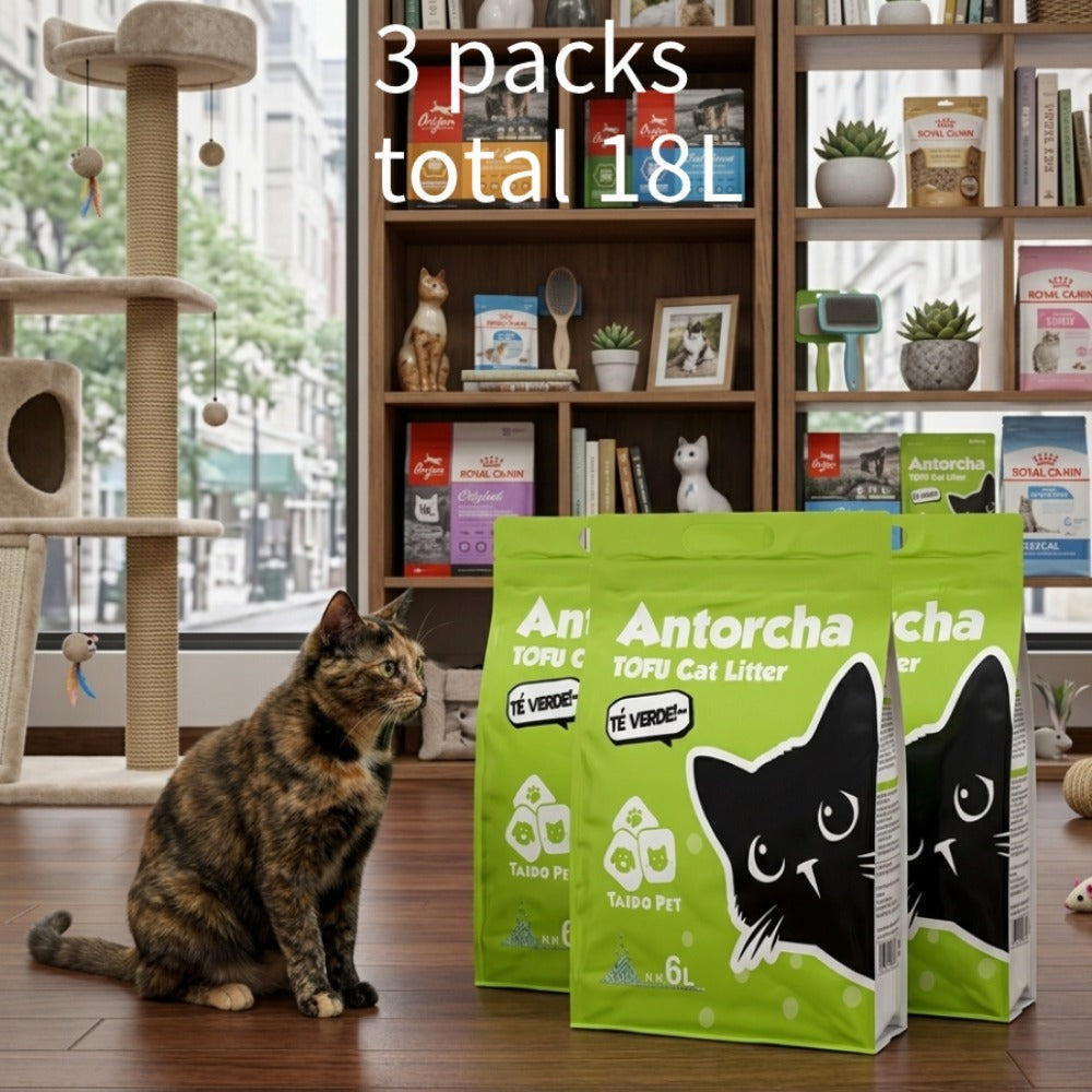 Arena sanitaria para gatos de tofu | 3 bolsas | 6 litros por bolsa | Absorción rápida | Forma grumos rápidamente | Desodoriza eficazmente | Sin polvo | Gránulos finos