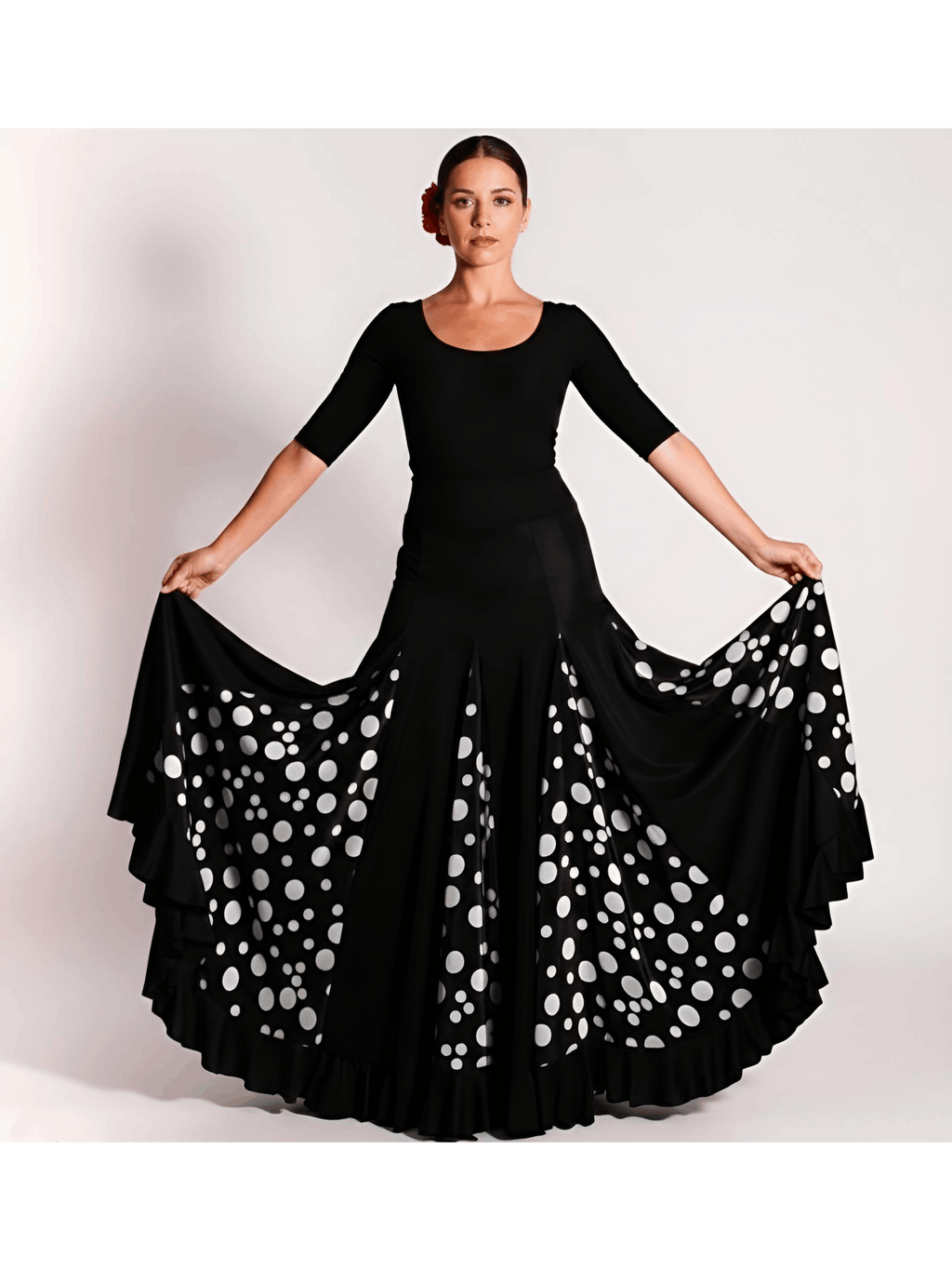 Falda flamenca de tiro alto (bajo pecho) negra con lunares rojos o blancos | Cintura elástica adaptable
