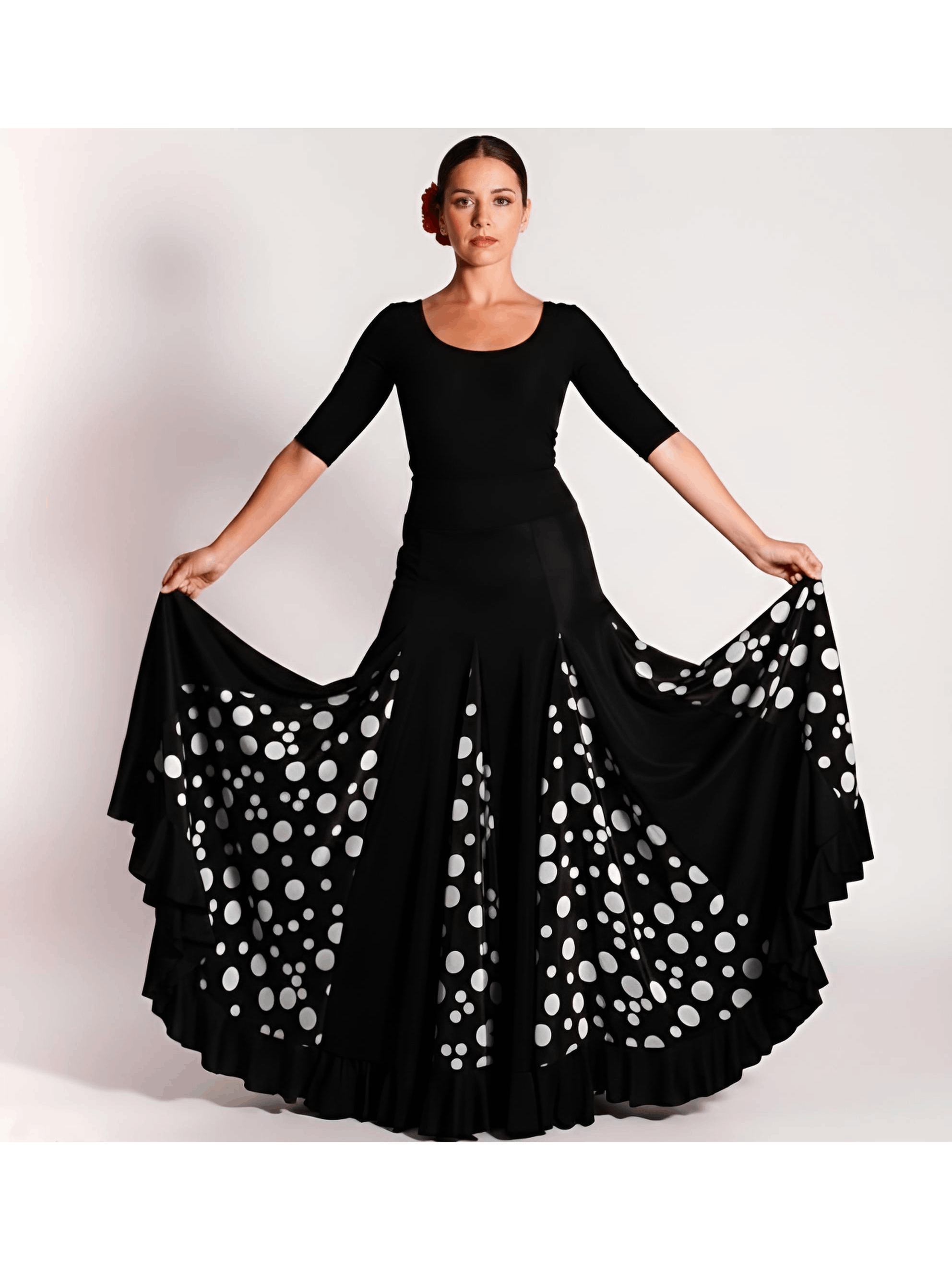 Falda flamenca de tiro alto (bajo pecho) negra con lunares rojos o blancos | Cintura elástica adaptable