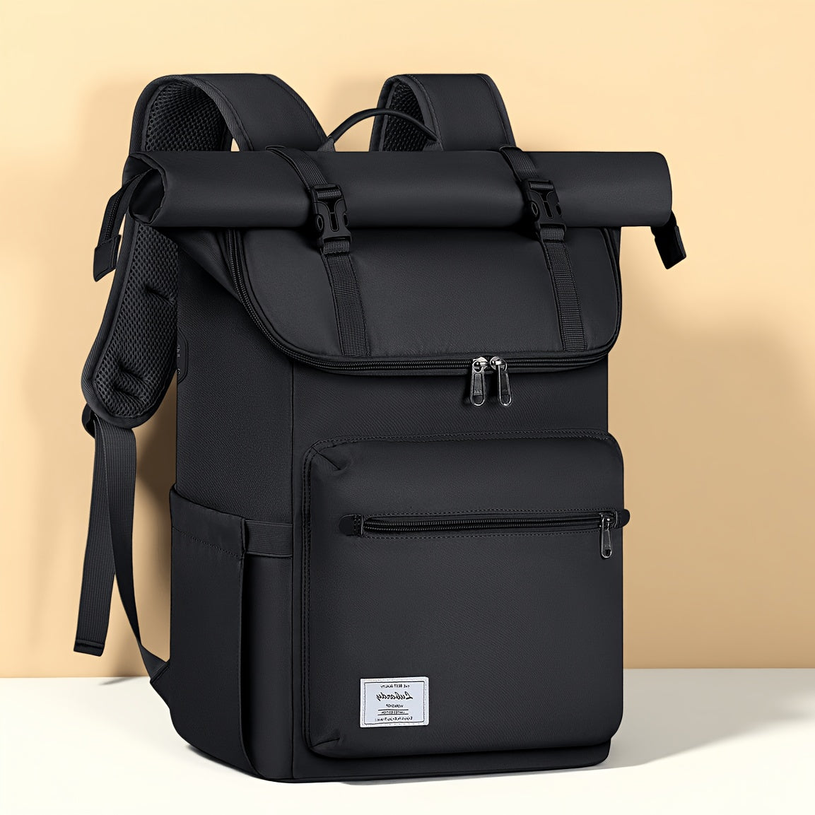 RAINSMORE Roll-Top Backpack Mochila para Hombre para Portátil de 17 pulgadas Mochila de Estudiante Mochila de Gran Capacidad Ideal para Universidad Trabajo Viajes y Ocio Negro 17.3-inch