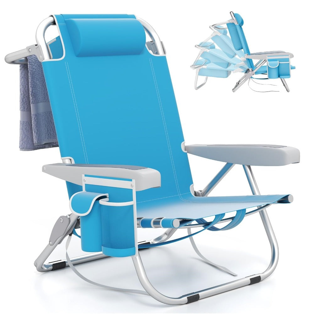 Silla de playa plegable, ligera, silla de camping con respaldo ajustable, reposacabezas, bolsillos laterales, correas para los hombros, soporte para toalla y reposabrazos, silla plegable, silla para exteriores (Azul)