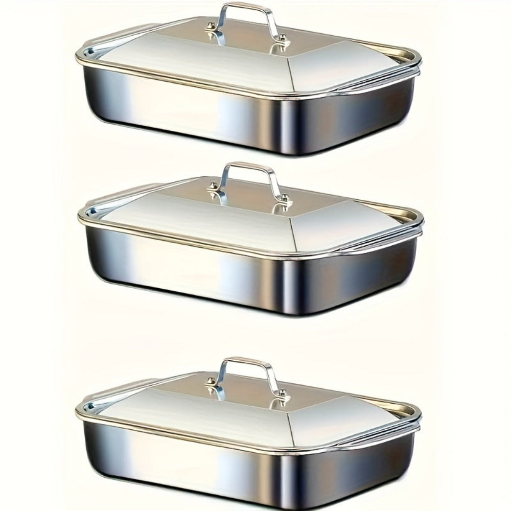 Juego de Bandejas para Hornear de Acero Inoxidable, Bandeja Metálica con Tapa, Diseño de Bordes Altos para Mayor Capacidad, Resistente al Calor hasta 230°C, Fácil de Limpiar, Bandeja para Asar Adecuada para Guisos/Lasaña/Pollo/Verduras