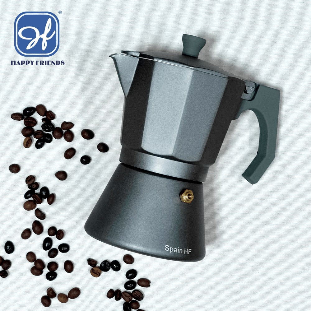 Cafetera Italiana Espresso de Aluminio para Inducción Vitro Gas Eléctrica. Cafetera de distintos tamaños 6/9/12 Tazas - Happy Friends